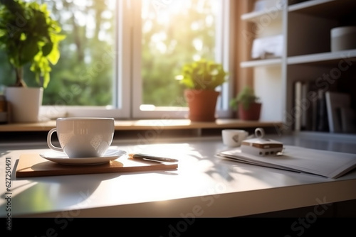 Desk of free space and kitchen interior, wooden table, kitchen window and shelves. Aesthetic photo, macro close up, bright tone. AI Generative