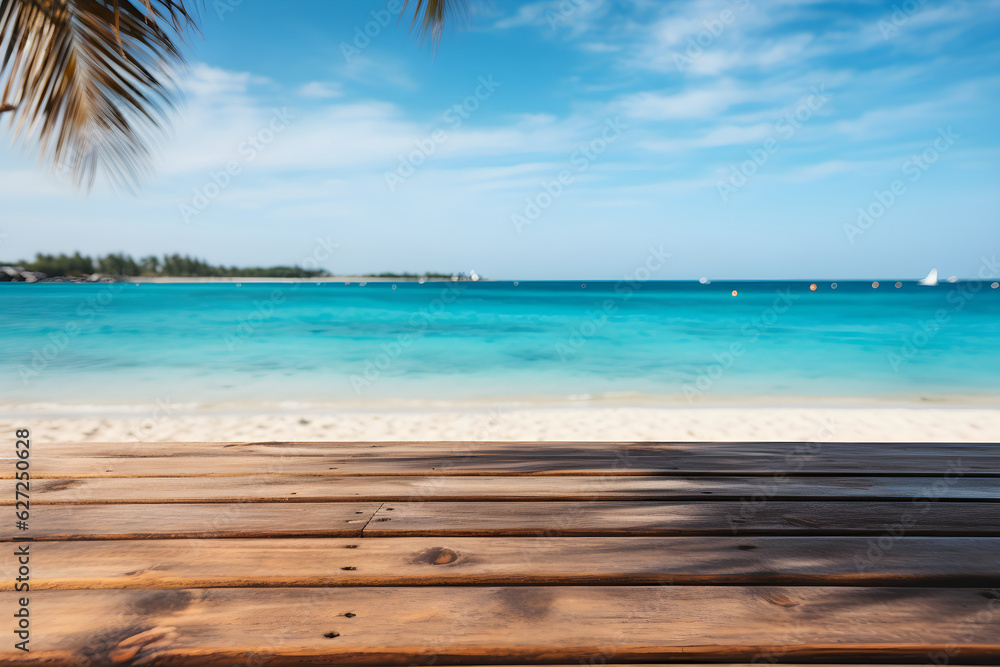 Fototapeta premium Natural Organic Product Display Wooden Table with Beach Background and Coconut Tree