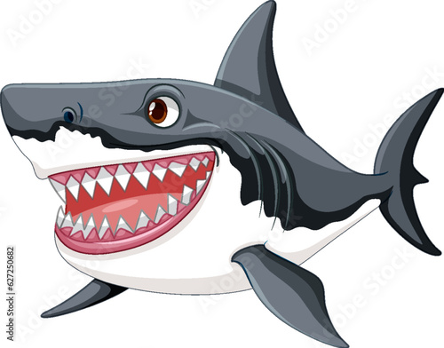 A cartoon illustration of a great white shark with big teeth smiling and swimming in an isolated white background