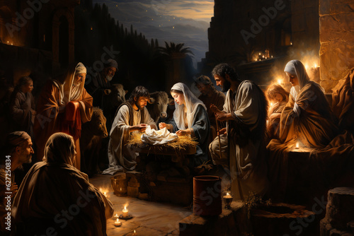 Stampa su tela Birth of Jesus Christ in Bethlehem, Mary and Joseph sitting next to the manger ,
