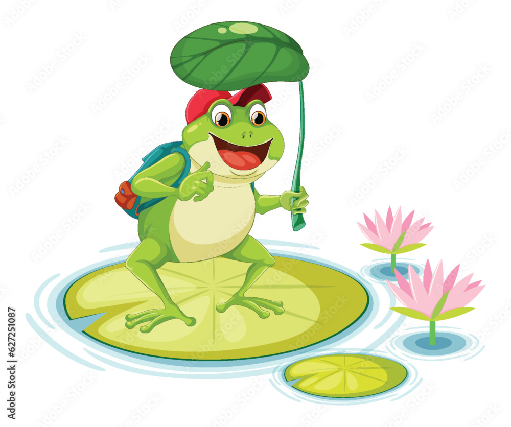 Obraz premium Green Frog Cartoon Character Holding Leaf Umbrella