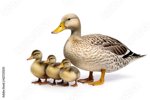 Image of family ducks on white background. Wildlife Animals. illustration. Generative AI.