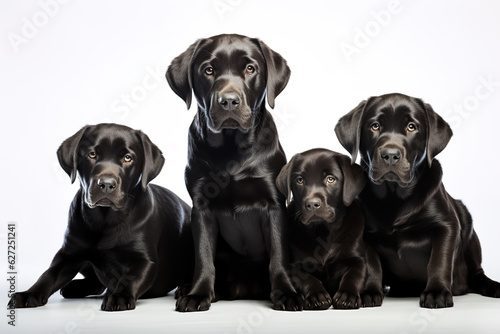 Image of family group of labradors on white background. Pet. Animals. Illustration, Generative AI.