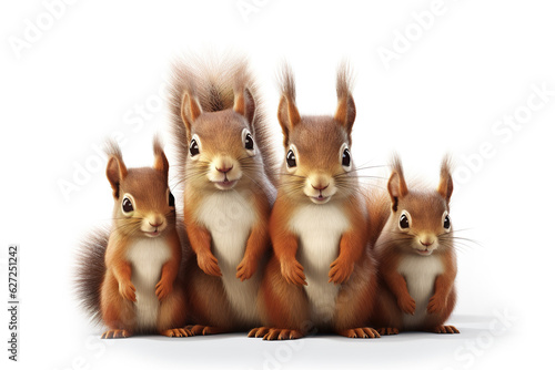 Image of family group of red squirrels on white background. Wildlife Animals. Illustration  Generative AI.