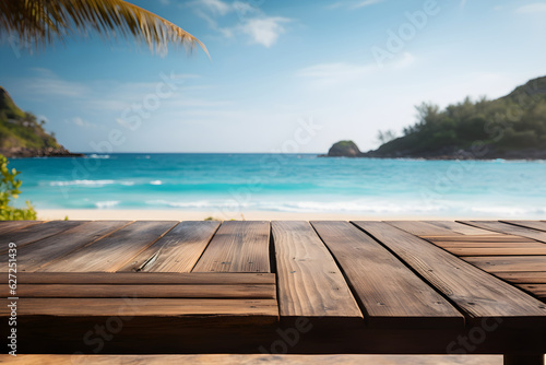 Wooden Table Beach Background with Coconut Tree for Natural Organic Product Showcase