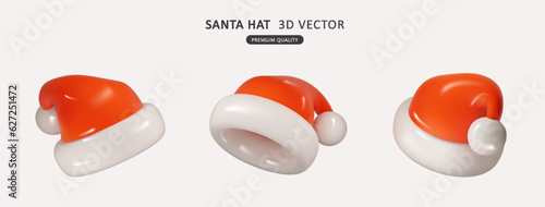 Santa Claus red hat realistic 3d collection isolated. Christmas and new yar design elements of decor. Holiday design vector objects