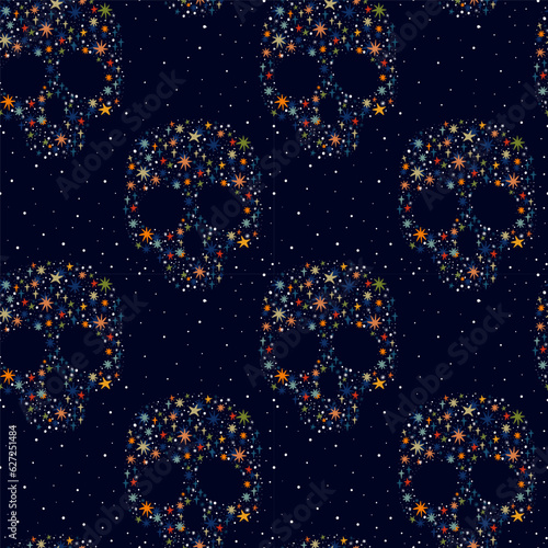 Seamless pattern with colorful starry sculls. Vector illustration for Halloween and day of dead.