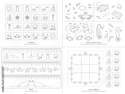 Set of games on the theme of the sea. To color and cut out. Dominoes. Cut out and glue the Sea Animals. Rulers for children, Real size: 25 percent. Tic Tac Toe game. French language. Vector.