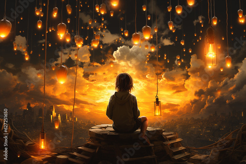 Child surrounded by many light bulbs, spirituality, explosion of ideas, brainstorming for solutions, open mind for discovery, generative AI  photo