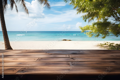 Wooden Table, Coconut Tree, and Beach for Organic Product Showcase