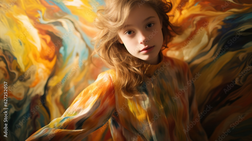 **Living Artwork**: A girl in a living painting, with brushstrokes and colors swirling around her. 