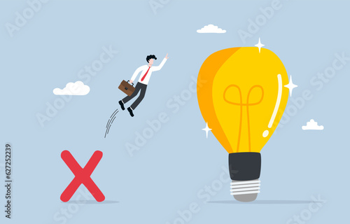 Learn from mistake, gain knowledge or experience from failure concept, Businessman jumping from cross sign up to light bulb. 