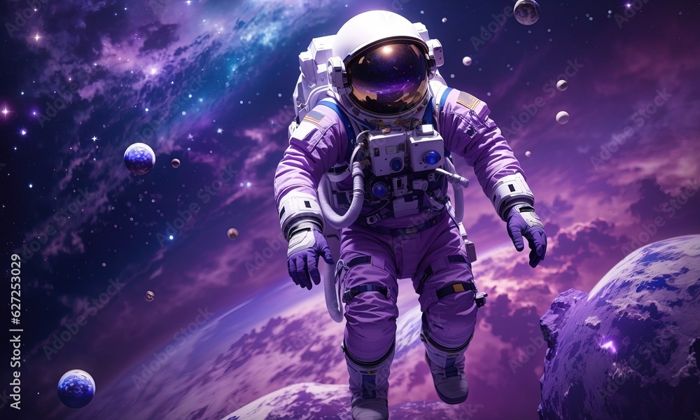 Naklejka premium Astronaut Floating With Purple Galaxy On The Background