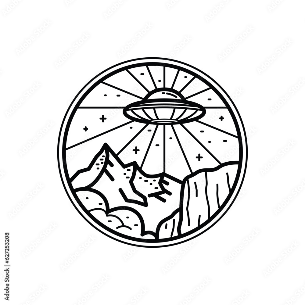 Badge nature wildlife and ufo monoline or line art style isolated Badge nature wildlife and ufo monoline or line art style isolated