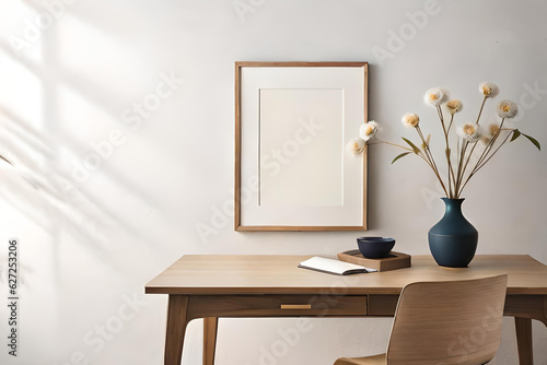 Empty Wooden Picture Frame Mockup Hanging on a Beige Wall Background.interior, room, table, furniture, home, design, bathroom, chair, kitchen, house, wood, sink