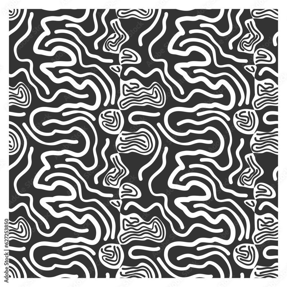 Seamless pattern drawn by a line of doodles forming abstract faces.