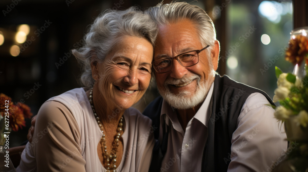 Portrait of happy senior couple sitting at table at home and looking at camera. Portrait of happy senior couple sitting at table at home and looking at camera.