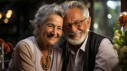 Portrait of happy senior couple sitting at table at home and looking at camera.