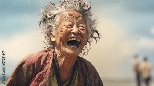 Senior woman laughing on the beach. Smiling happy lady enjoying a sunny day. Happiness, freedom, carefree concept. Generative AI. © Kai Alves