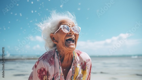 Senior woman laughing on the beach. Smiling happy lady enjoying a sunny day. Happiness, freedom, carefree concept. Generative AI.