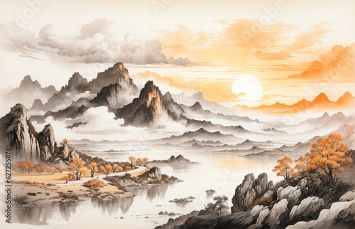 Ink Painting Showing Majestic Mountains