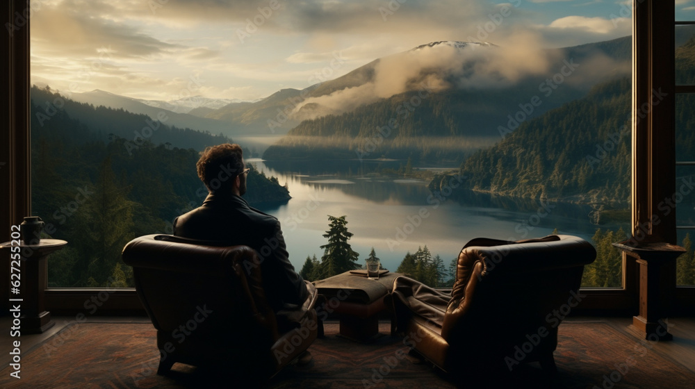 A cinematic shot of the writer's back, sitting in front of a panoramic window overlooking a serene natural landscape. Generative AI