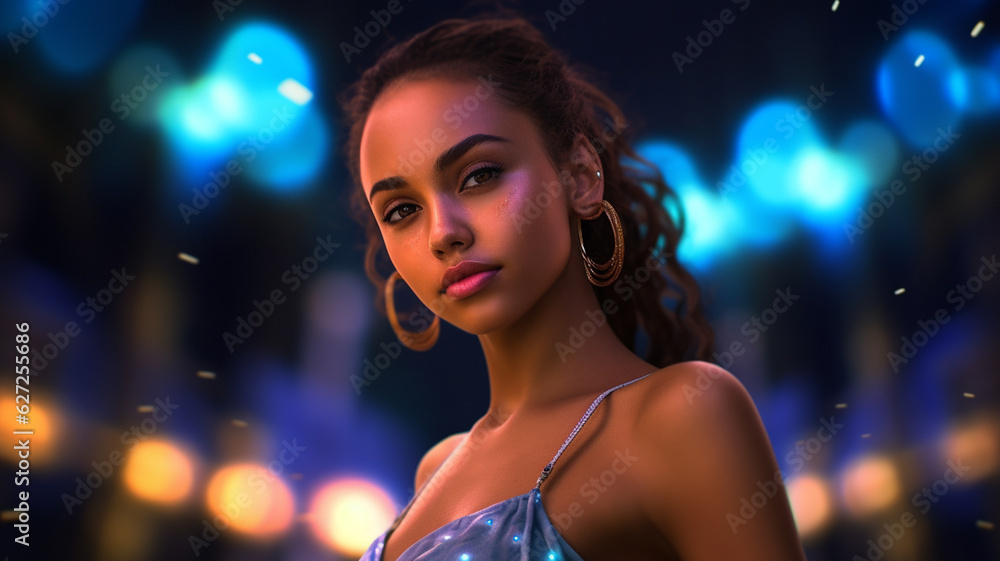 young adult woman wearing summer dress, outdoors at night in nightlife, bokeh, long brunette hair, contemplative thoughtful dreamy, proud and confident, attractive