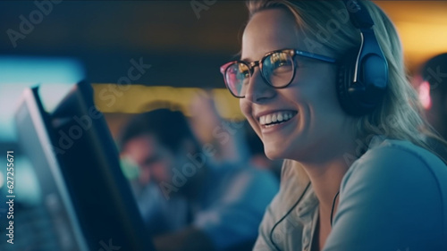 happy adult female, working...
