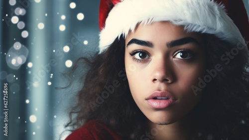 young adult woman wearing santa claus hat, amazed or shocked or disappointed or negatively surprised or stressed, 20s, multiethnic