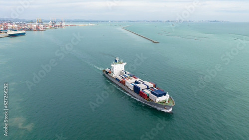 cargo container ship sailing in sea to import export goods and distributing products to dealer and consumers across worldwide, by container ship Transport 