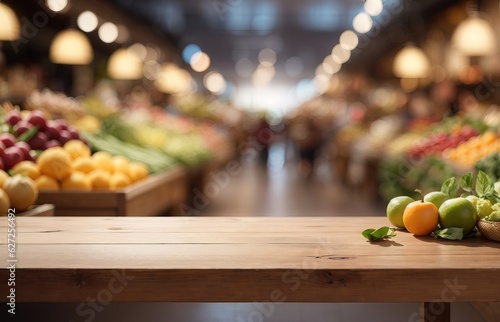 Table With Fruit And Blurred Organic Market Background