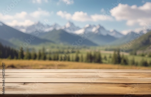 Empty Wooden Tabletop With Blurred Mountain Background