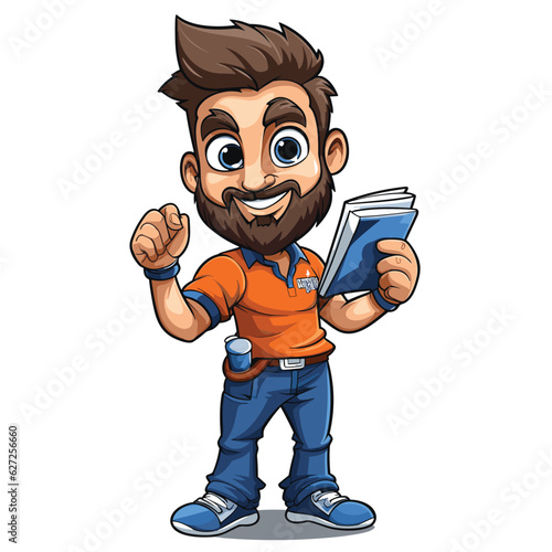 Cartoon Mascot, Vector illustration of a cartoon mascot of a T-Shirt printing guy with a high-resolution digital rendering and detailed textures, isolated on a white background