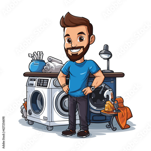 T-Shirt printing mascot, Vector illustration of a cartoon mascot of a T-Shirt printing guy with a printing machine and equipment behind, isolated on a white background