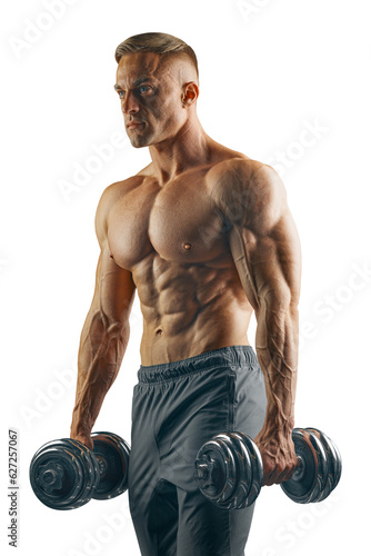 Leinwand Poster Muscular bodybuilder guy with dumbbell isolated on white background