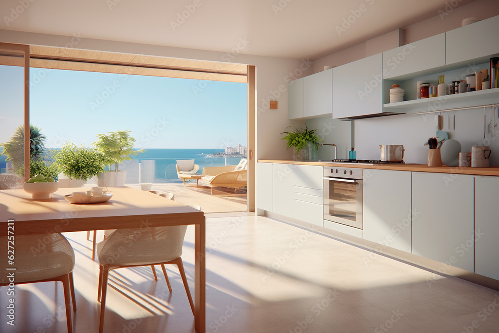 Luxury trendy modern dinning room with sew view, Beach villa with swimming pool. AI Generative Luxury trendy modern dinning room with sew view, Beach villa with swimming pool. AI Generative