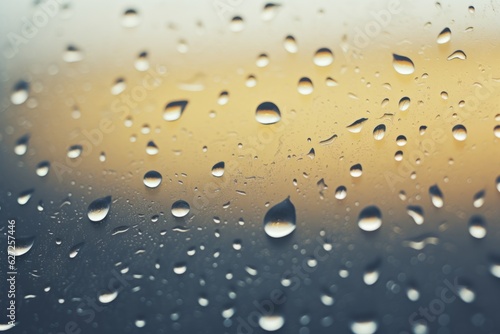 Shiny raindrops splashes falling cascading down wet glossy foggy glass window car outdoor during rainy stormy day backdrop. Close-up processes motion of beautiful clear fresh water background texture