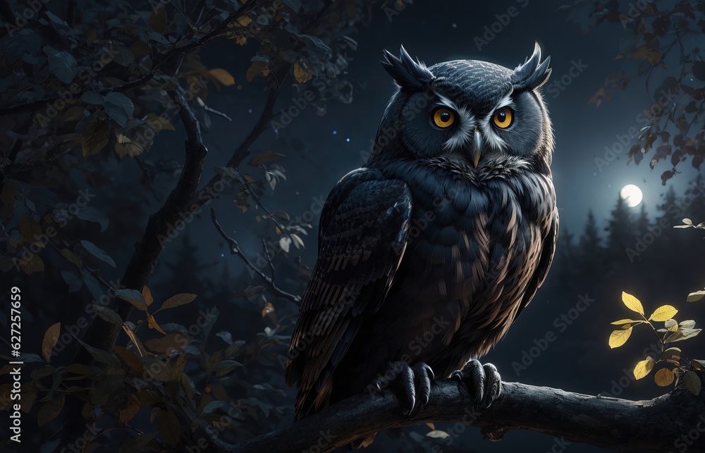 Sleek Black Owl Perched A Top Tree Branch With Moonlight Background Sleek Black Owl Perched A Top Tree Branch With Moonlight Background