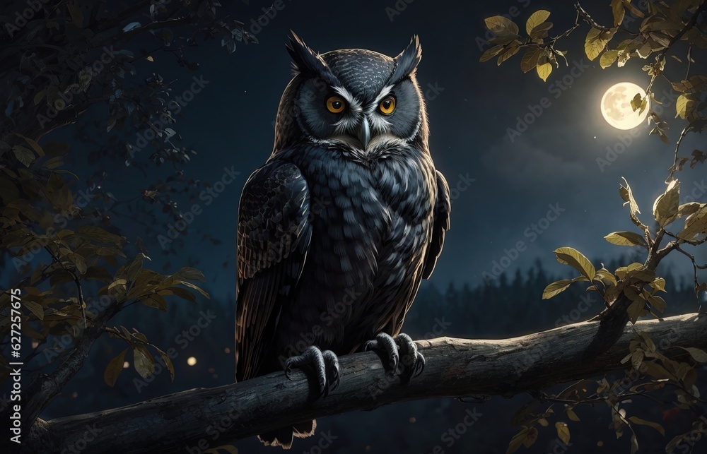 Sleek Black Owl Perched A Top Tree Branch With Moonlight Background Sleek Black Owl Perched A Top Tree Branch With Moonlight Background