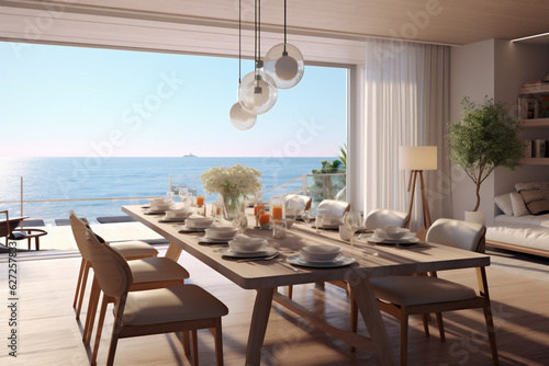 Luxury trendy modern dinning room with sew view  Beach villa with swimming pool. AI Generative