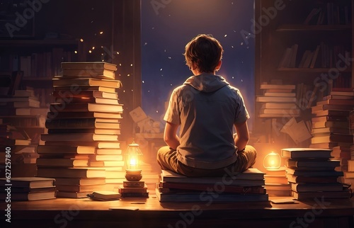 Boy Sitting With Stack Of Book  Education Background