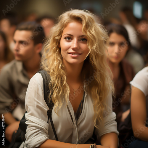 Young blonde woman or student in audience, listening, casual clothes - subject lecture, study or lecture - Generative AI © Steffen Kögler