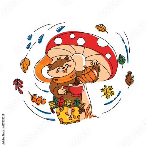 Cute raccoon drinks tea hiding from the rain under a fly agaric hat in the autumn forest. Autumn illustration.