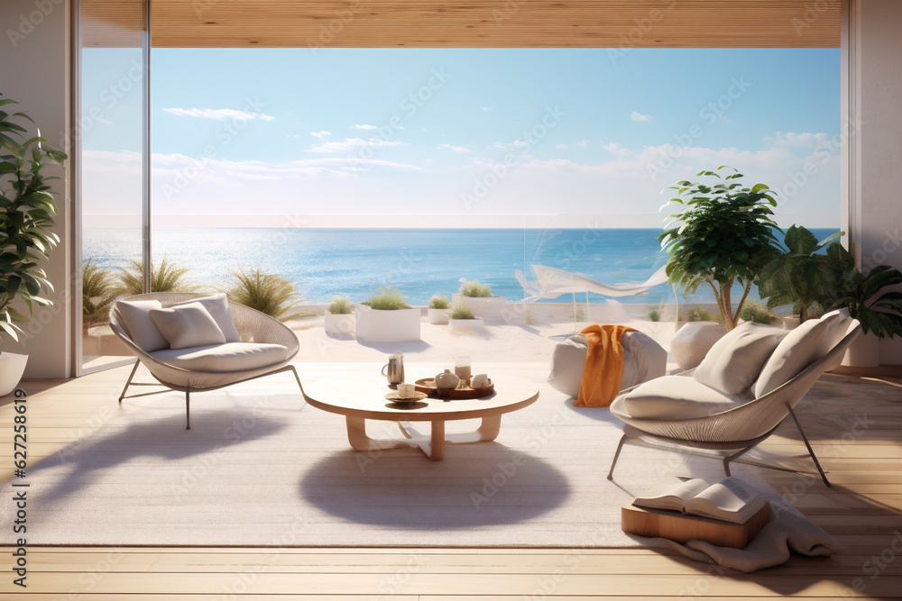 Luxury trendy modern dinning room with sew view, Beach villa with swimming pool. AI Generative
