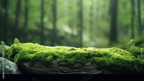 A stone covered with green moss in the forest. Wildlife landscape. Beautiful Bright Green moss grown up cover the rough stones and on the floor in the forest. Product display mockup.