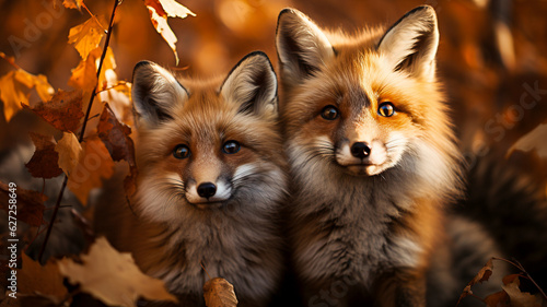 Against a backdrop of fiery autumn leaves, a family of red foxes playfully frolics © Tamara