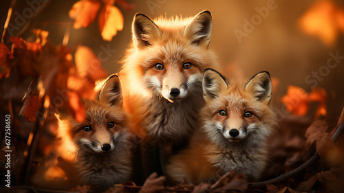 Against a backdrop of fiery autumn leaves, a family of red foxes playfully frolics