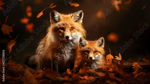 Against a backdrop of fiery autumn leaves, a family of red foxes playfully frolics