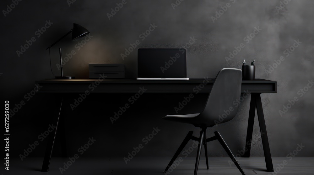 Black tone on black work station with black computer, black floor ...