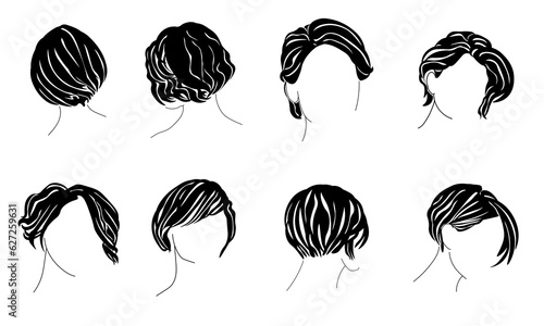 Bixie hairstyle set, silhouettes of stylish women's haircuts for short hair